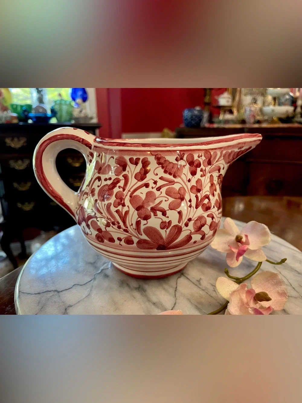 VTG Ceramiche Fidia Deruta Creamer Pitcher Hand Painted Arabesco Red Flower
